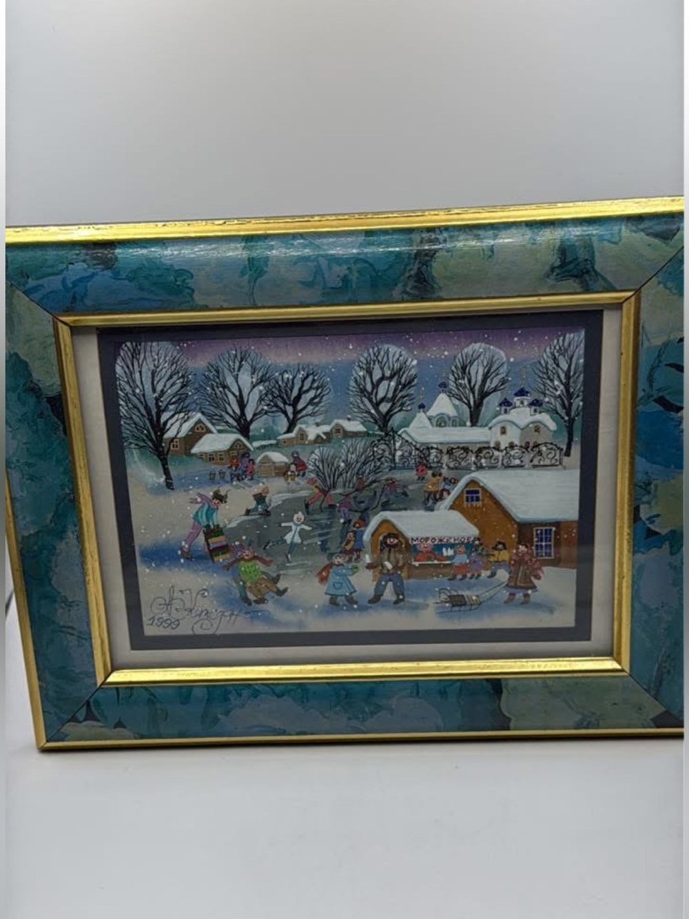 Winter Village Framed Folk Art Miniature Painting ANNA KAZHDAN